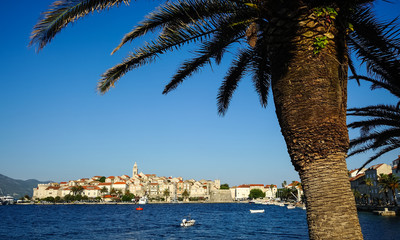 Ansicht von Korcula mit Palme im Vordergrund