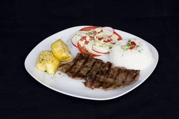 Grilled beef fillet assorted peruvian dish chili sauce, lunch