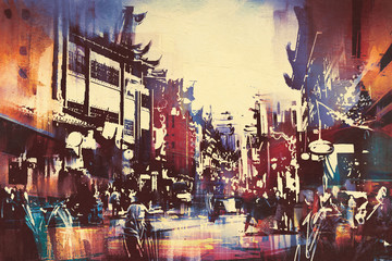 digital painting of Chinese buildings with people walking in city street