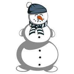 A cute snowman in scarf and hat is smiling.