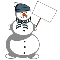 A cute snowman in scarf and hat is smiling and holding a bulletin board..