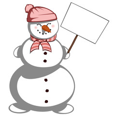 A cute snowman lady in scarf and hat is smiling and holding a bulletin board.