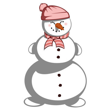 A cute snowman lady in scarf and hat is smiling.