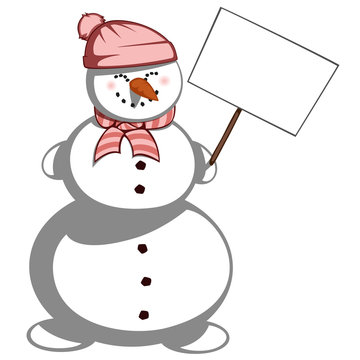 A cute snowman lady in scarf and hat is smiling and holding a bulletin board.