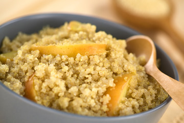 Quinoa porridge with apple and cinnamon, which is a traditional Peruvian breakfast, served in a bowl (Selective Focus, Focus on the apple slice in the middle of the porridge)