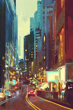 painting of street in modern city with colorful light at evening