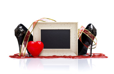 Blackboard, Red Wax Heart And High Heels On White Reflective Background. Valentines Day Celebration, Love Concept.