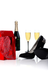 Red Lingerie In Big Red Gift Box, Sexy Black High Heels, Champagne And Glasses. Valentine Day, Love Concept.