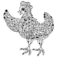 Hen. Hand drawn decorative farm animal.Zentangle Vector illustration. Sketch for tattoo or coloring.