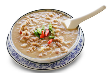 crab stew in the bowl with spoon on isolate white background