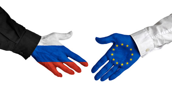 Russia and European Union leaders shaking hands on a deal agreement