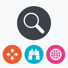 Magnifier glass and globe signs. Fullscreen.