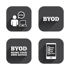 BYOD signs. Human with notebook and smartphone.