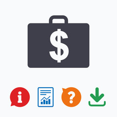 Case with Dollars USD sign. Briefcase button.