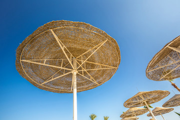 Looking up at big beach umbrellas against the blue sky.