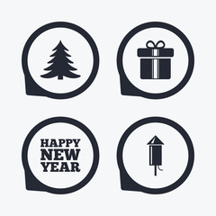 Happy new year sign. Christmas tree and gift box