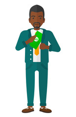 Man putting money in pocket.