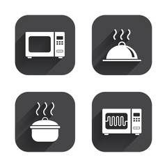 Microwave oven icon. Cooking pan, food serving.