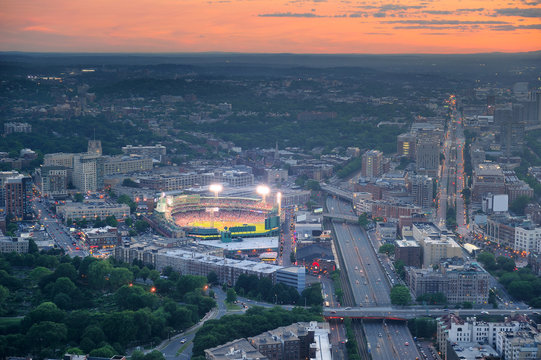 Boston aerial view at sunset