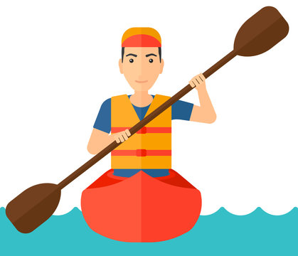 Man riding in canoe.