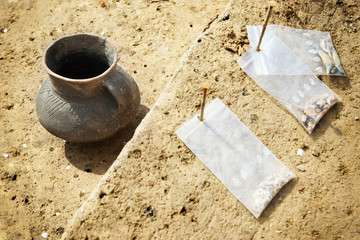 Clay pot, archeological excavations - obrazy, fototapety, plakaty