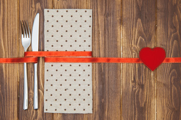 Valentine's day dinner setting, Knife, fork and napkin
