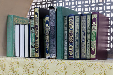Different variation of Koran Kareem books inside mosque in Iraq