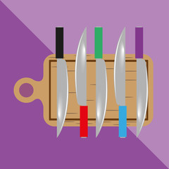 Cutting boards and knives. Kitchen utensils and equipment. Vector icon.