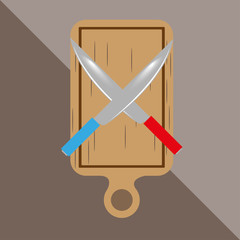 Cutting boards and knives. Kitchen utensils and equipment. Vector icon.