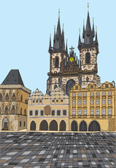 Prague, Czech Republic, hand drawn ink and painted watercolor.