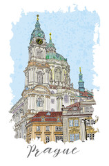 Obraz premium Ręcznie rysowane serię kart zaproszeń na wakacje lub ulotki z kaligraficznym piśmie miasta. Praga, Czechy, tusz i malowana imitacja akwareli. Z ramkami grunge i pluskiem farby.