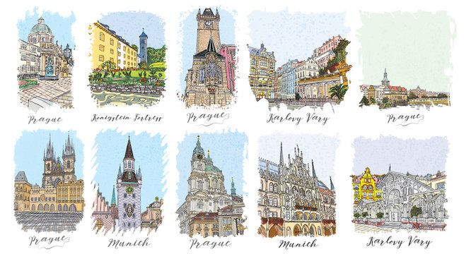 Set of creative artistic invitations and collectible chocolate packaging. Hand drawn ink vacation and travel invite cards or flyers with calligraphic city writing. Czech Republic. Germany.