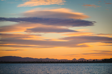 Amazing sky at sunset near the San Pedro del Pinatar. Region of Murcia. Spain