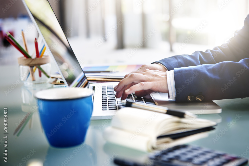 Poster businessman working typing using notebook concept