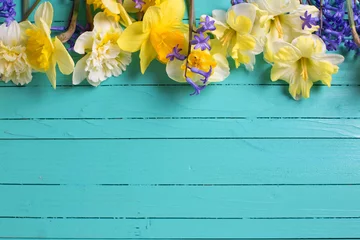 Papier Peint photo Narcisse Border from yellow and blue  flowers on green  painted wooden pl