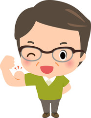 力こぶをつくる笑顔の中年男性