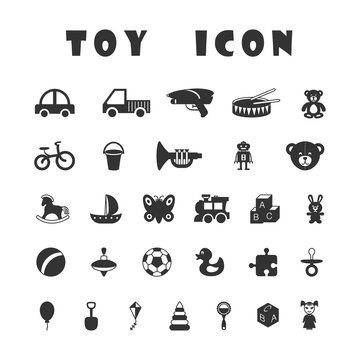 Black toy icons isolated on white background