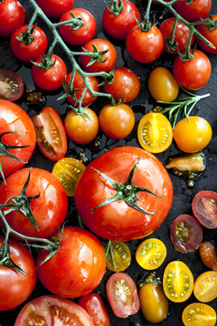 Tomato Varieties On Black Overhead View