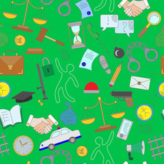 Seamless pattern with hand drawn icons on the theme of law and crime, on a green background