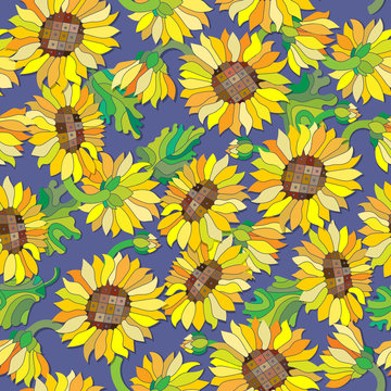 Seamless pattern with sunflowers on a blue background