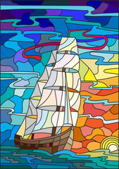Naklejki  Illustration in stained glass style with sailboats against the sky, the sea and the sunrise