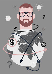 Businessman and world. Concept retro poster with a hipster man. Vector illustration.