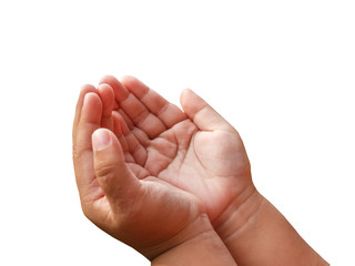 Outstretched cupped hands of young girl - isolated on white background