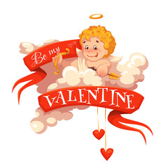 Happy valentine day. Heart with cherub. Vector illustration