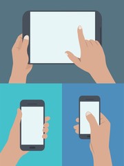 Flat design style modern vector illustration. set of hands holding digital tablet and mobile phone with blank screen in many hand position and many action. modern and nice color.