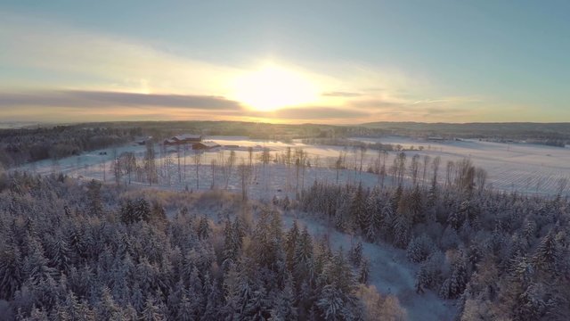 Flying above forest and farm in winter at sunset