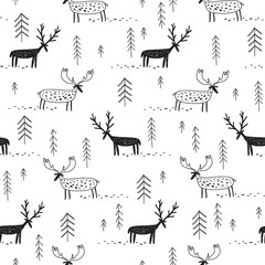 vector hand drawn pattern with deers moose and trees