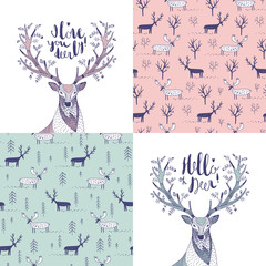 vector set with two postcards and two patterns with deers
