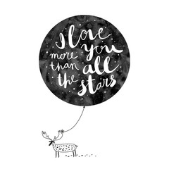 hand drawn vector illustration with a moose, ballon and text..