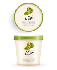 White Plastic Bucket With Green Lid : Kiwi Ice cream or Yogurt Container : Vector Illustration